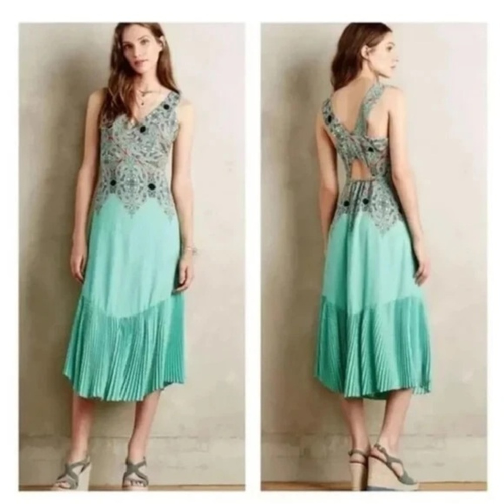 Maeve Anthropologie Canyon Creek 4P Teal Pleated Midi Sleeveless Dress NWOT $168
